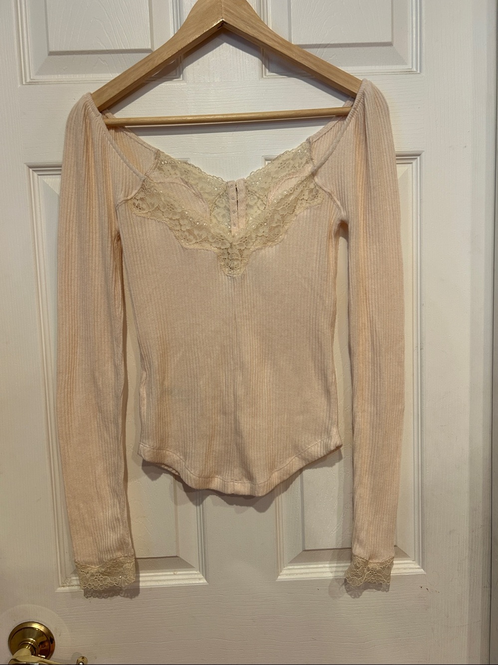 Free People Cream Ribbed Lace-Trim Long Sleeve Top - Picture 3 of 3